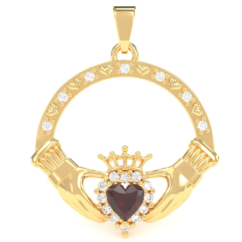 Garnet Diamond Claddagh  Pendant in 14k Yellow Gold