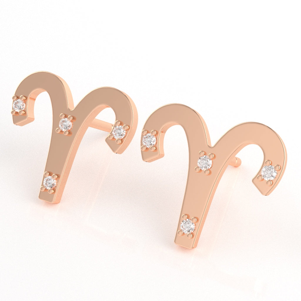 Aries Zodiac Sign Diamond Stud Earrings In Solid 10K Rose Gold