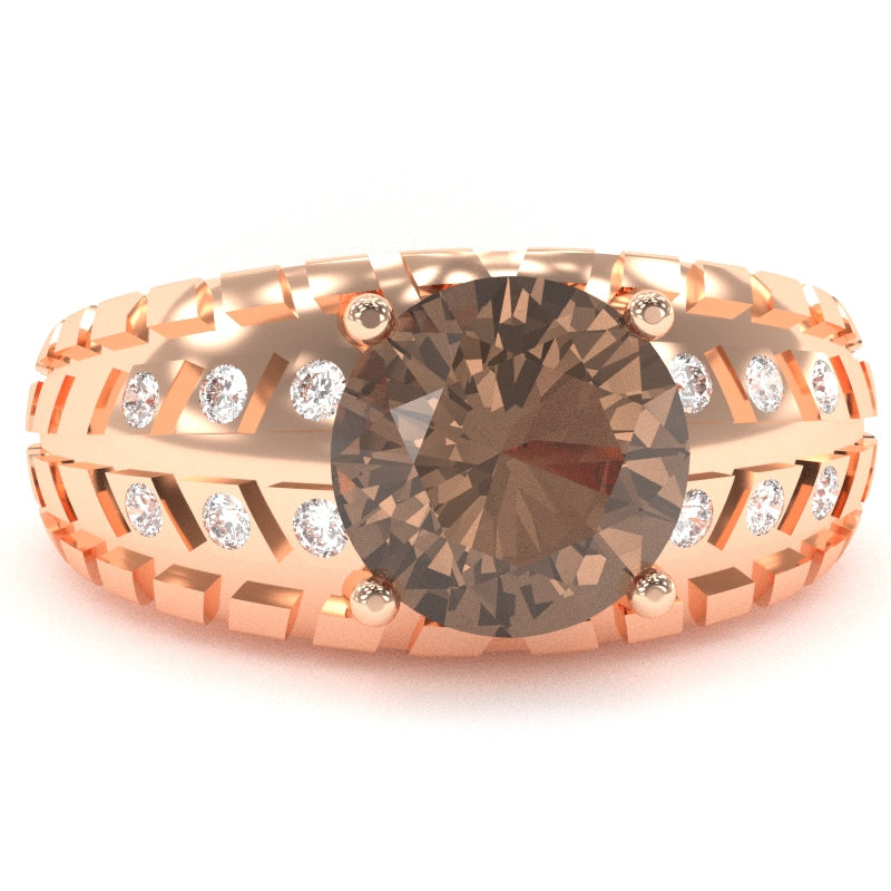 Men's Tire Tread Smoky Quartz Diamond Ring In Solid 14k Rose Gold