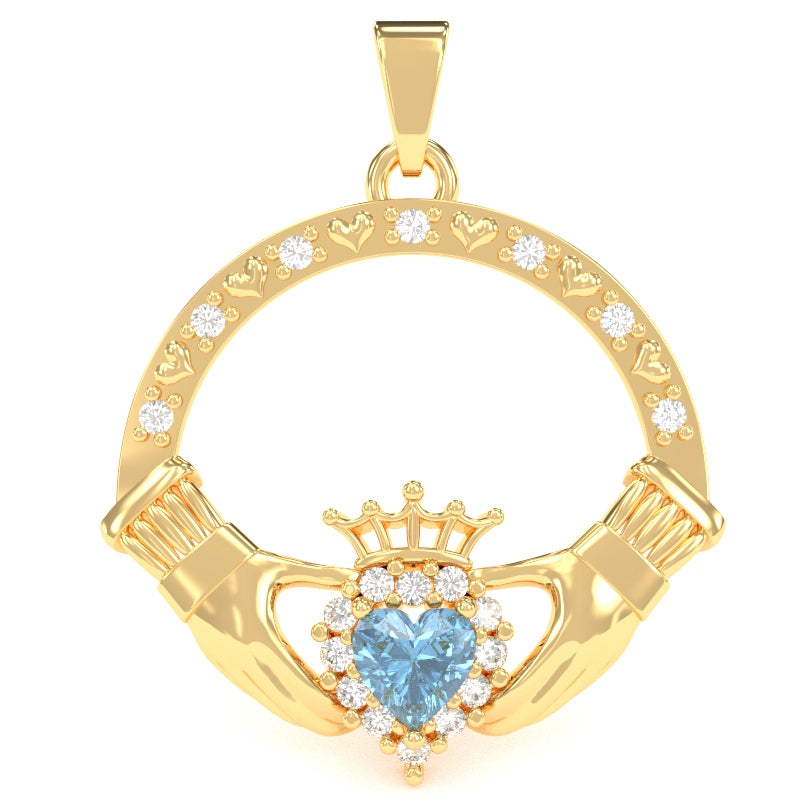 Blue Topaz Diamond Claddagh  Pendant in 14k Yellow Gold