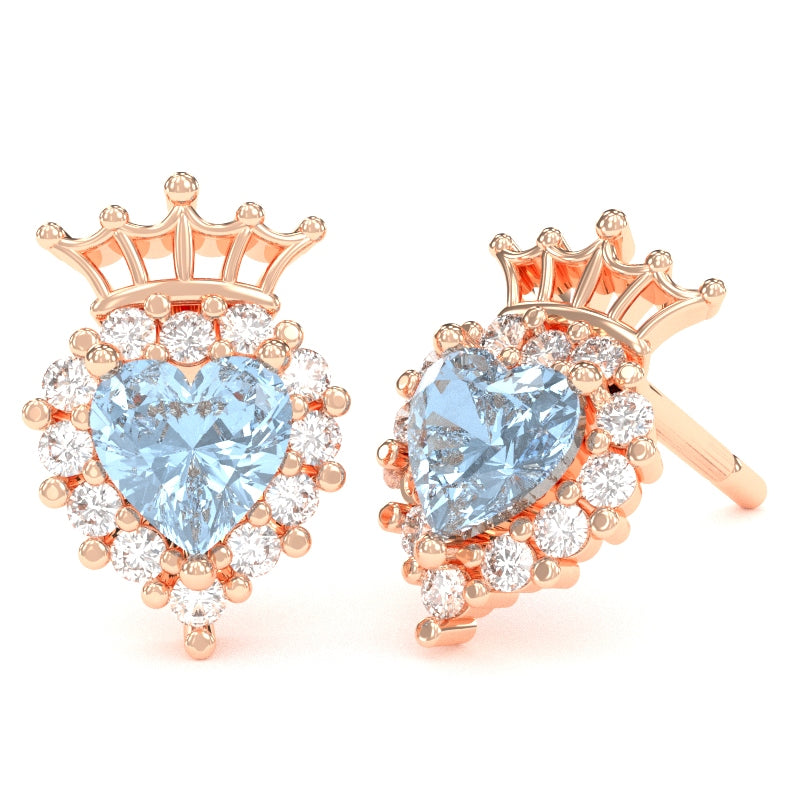 Aquamarine Diamond Claddagh Motive Stud Earrings in 14k Rose Gold