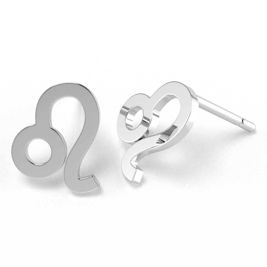 Leo Zodiac Sign Stud Earrings In Solid 14K White Gold