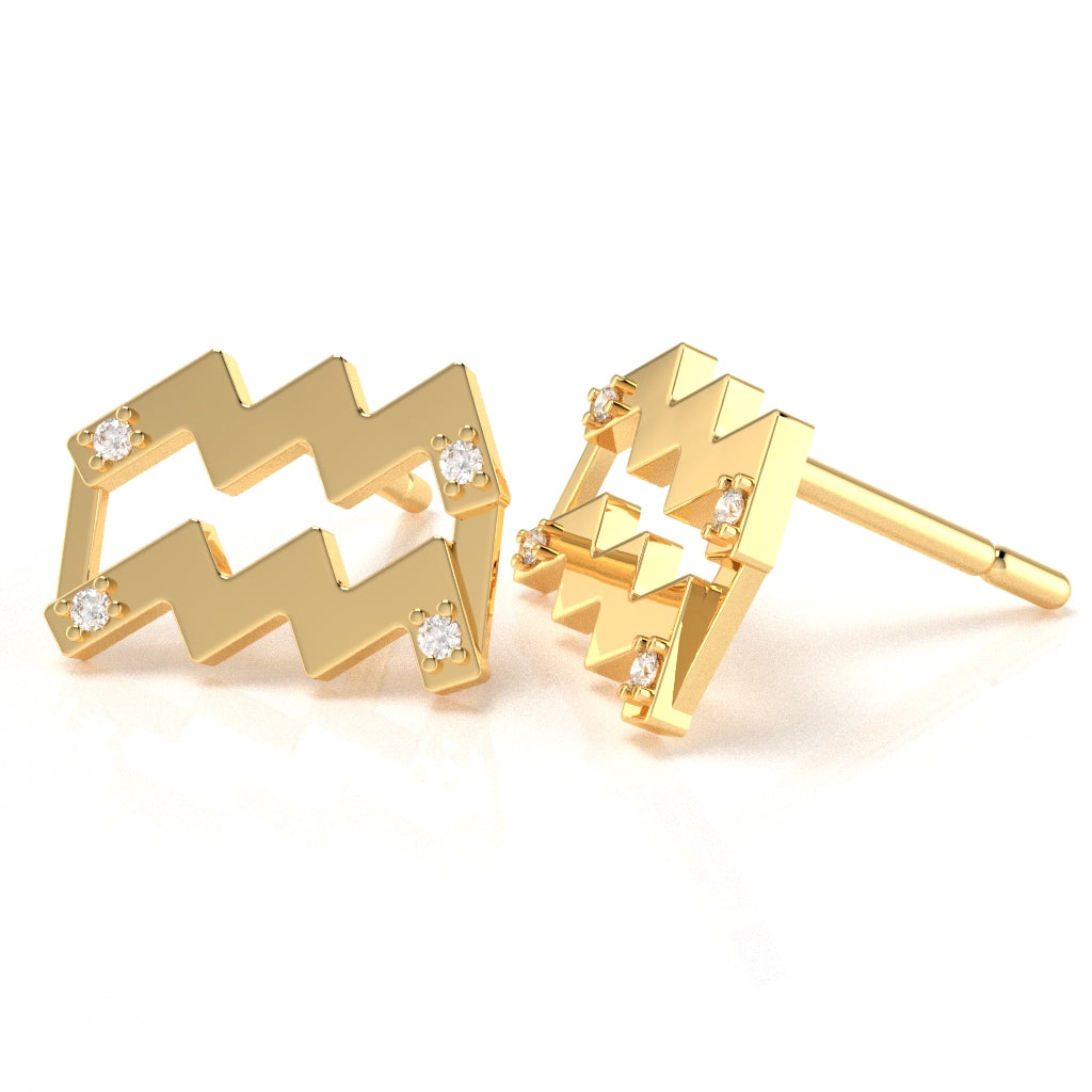 Aquarius Zodiac Sign Diamond Stud Earrings In Solid 14k Yellow Gold