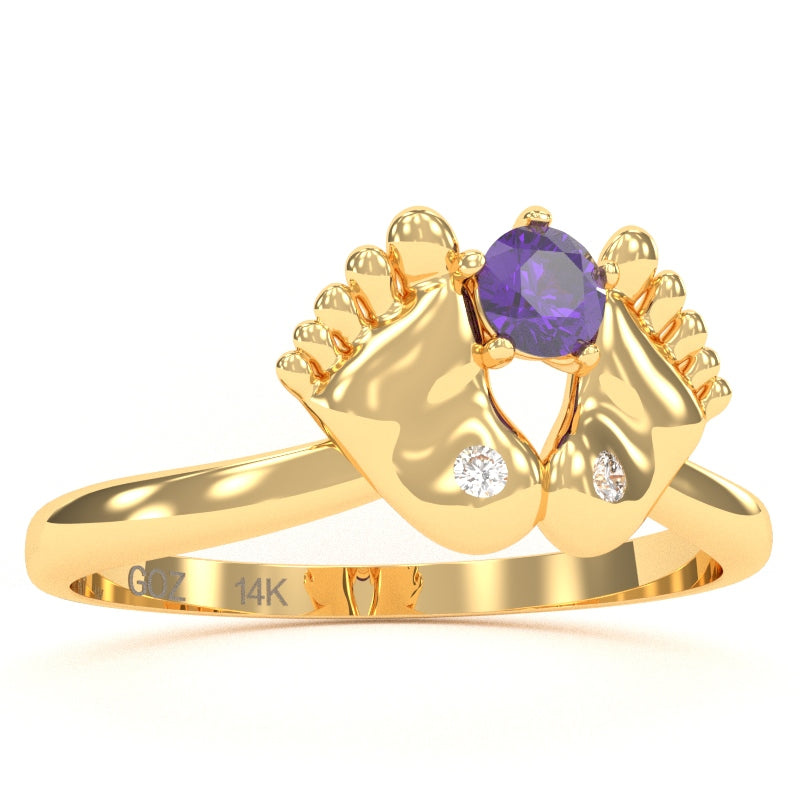 Baby Feet Amethyst Diamond Ring In 14k Yellow Gold