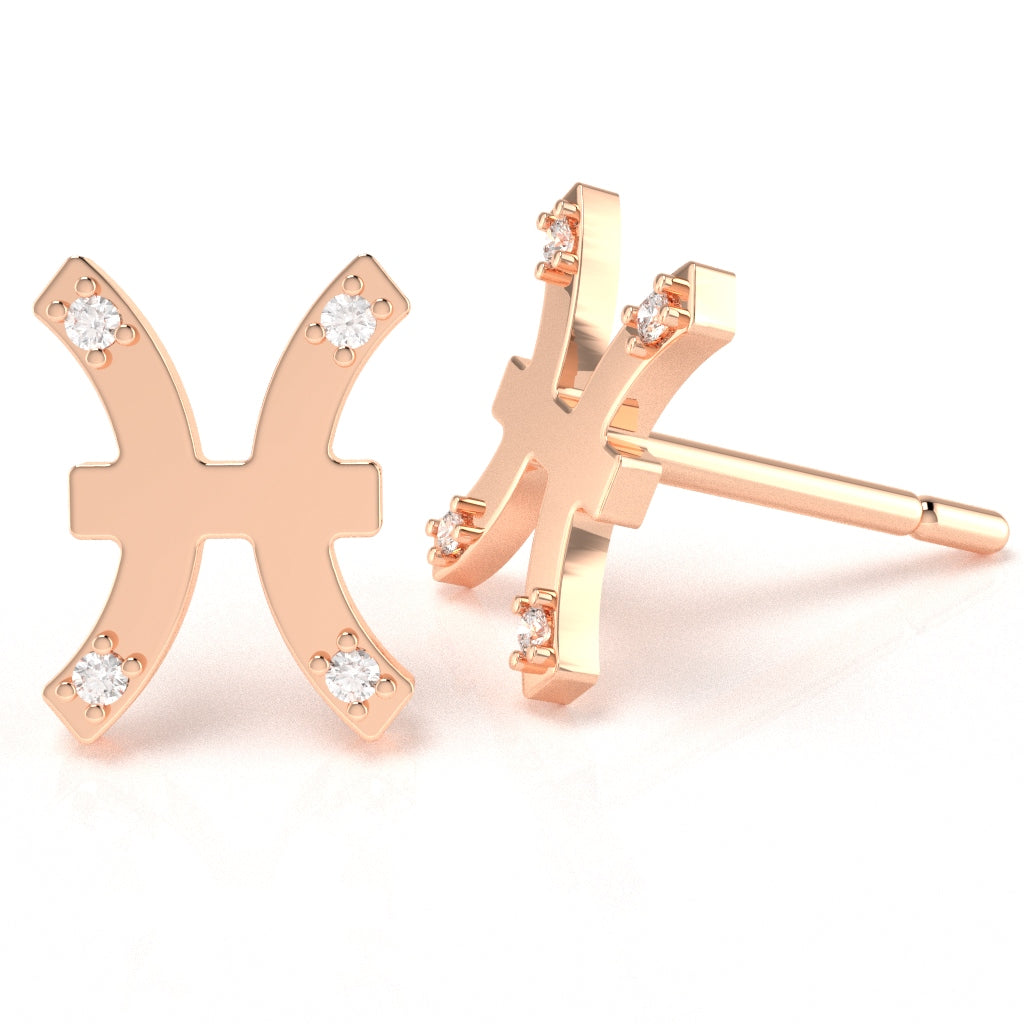 Pisces Zodiac Sign Diamond Stud Earrings In Solid 14k Rose Gold