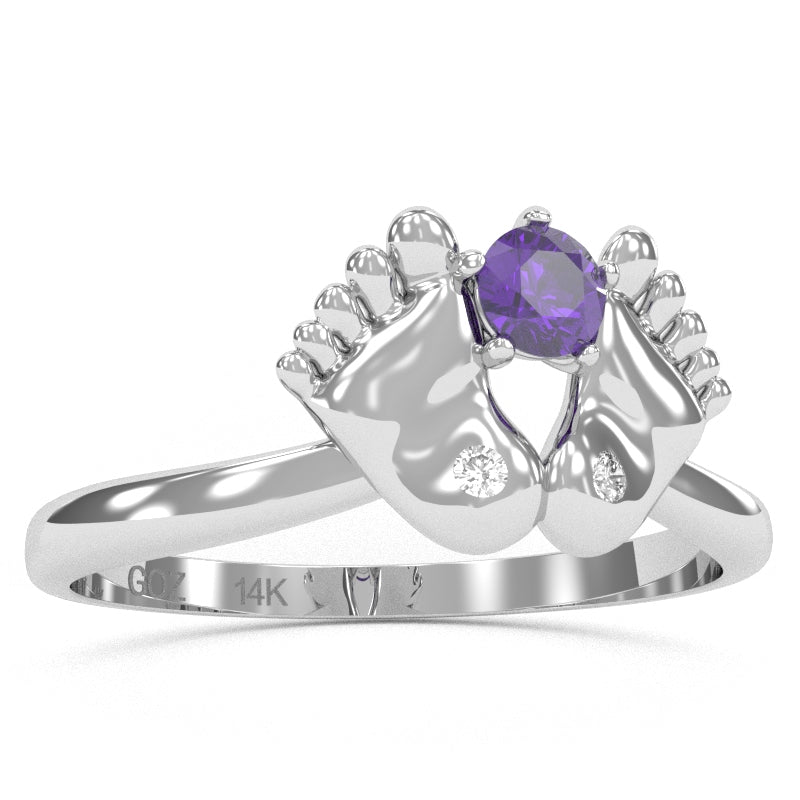 Baby Feet Amethyst Diamond Ring In 14k White Gold