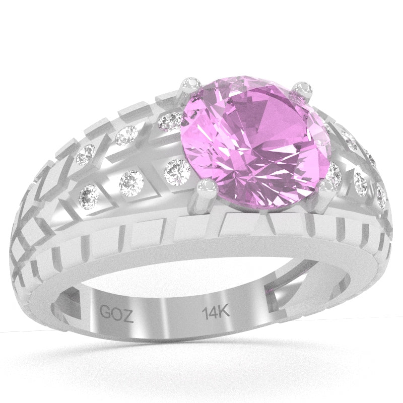 Men's Tire Tread Lab-Created Pink Sapphire Diamond Ring In Solid 14k White Gold