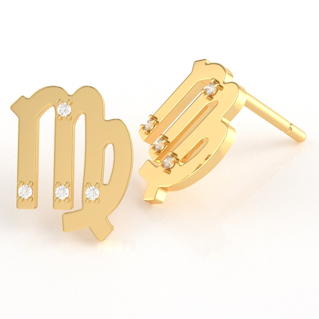 Virgo Zodiac Sign Diamond Stud Earrings In Solid 14k Yellow Gold