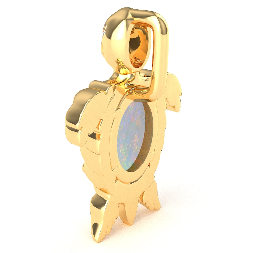Opal Diamond  Sea Turtle Pendant In 10k Yellow Gold
