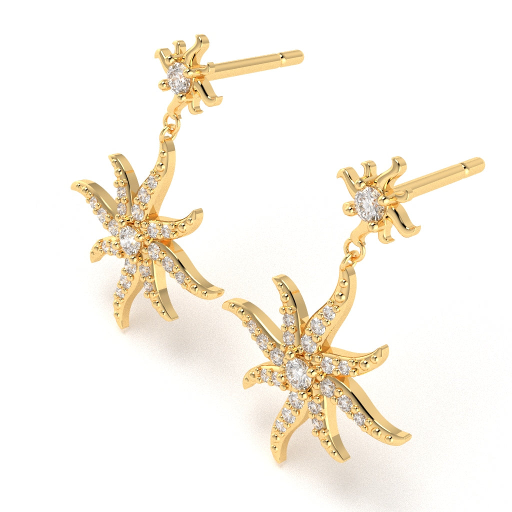 Starburst Sun Diamond Encrusted Earrings in 10k Yellow Gold