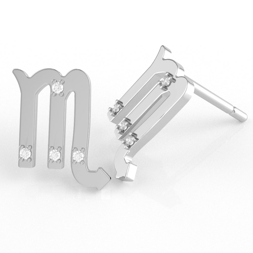 Scorpio Zodiac Sign Diamond Stud Earrings In Solid 14k White Gold