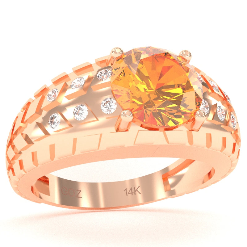 Men's Tire Tread Citrine Diamond Ring In Solid 14k Rose Gold