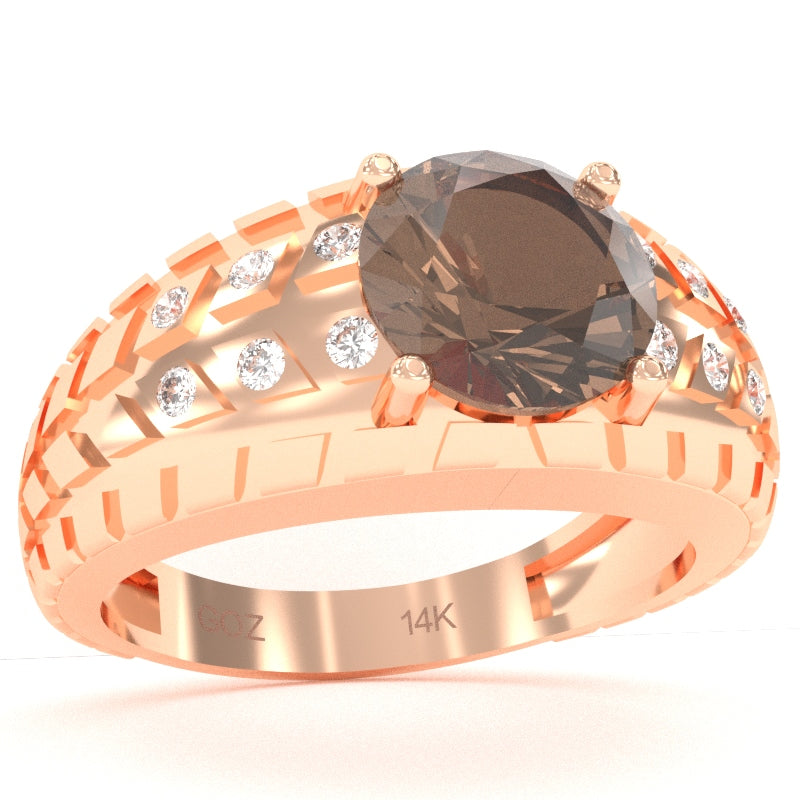 Men's Tire Tread Smoky Quartz Diamond Ring In Solid 14k Rose Gold
