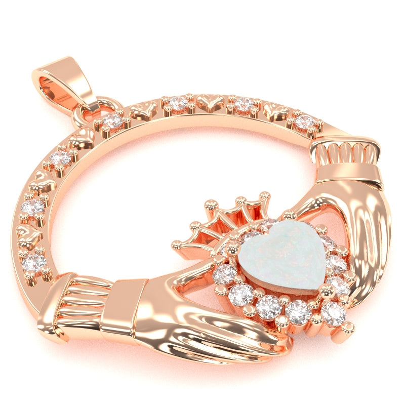 Opal Diamond Claddagh  Pendant in 14k Rose Gold