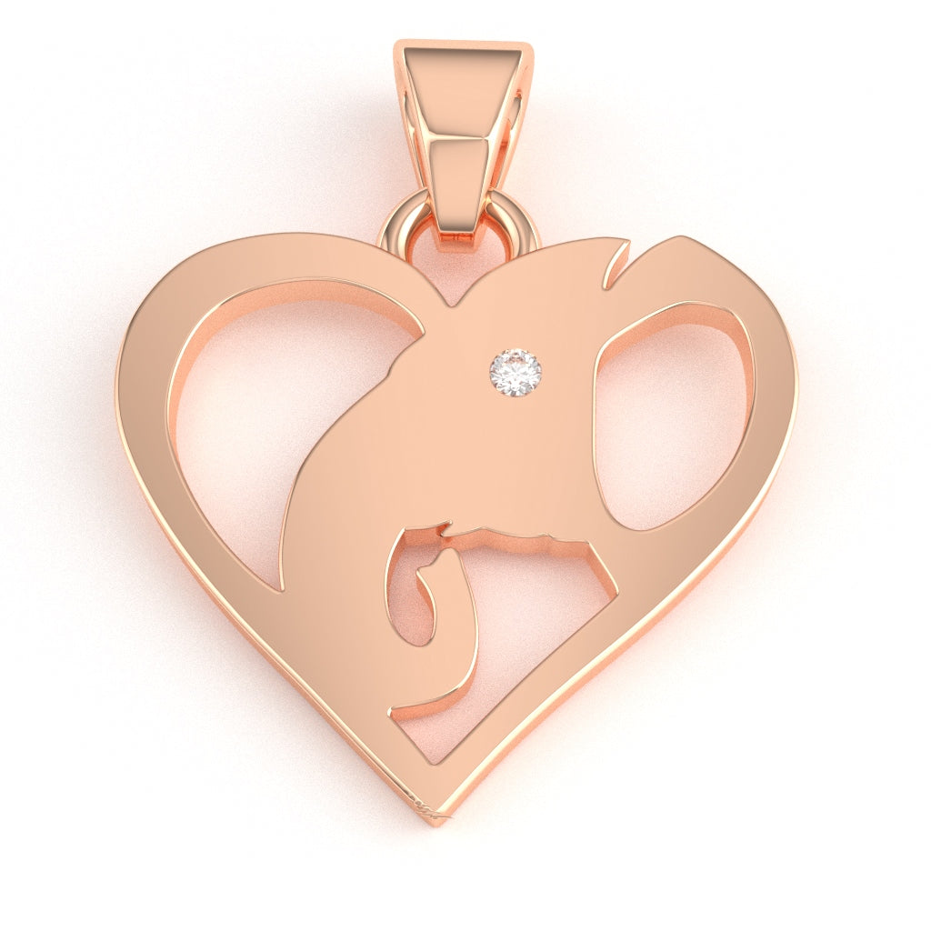 Elephant Love Heart  Diamond Pendant In Solid Solid 14k Rose Gold