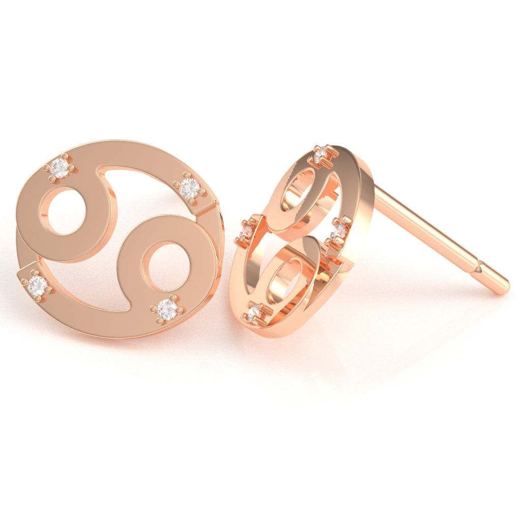 Cancer Zodiac Sign Diamond Stud Earrings In Solid 14k Rose Gold