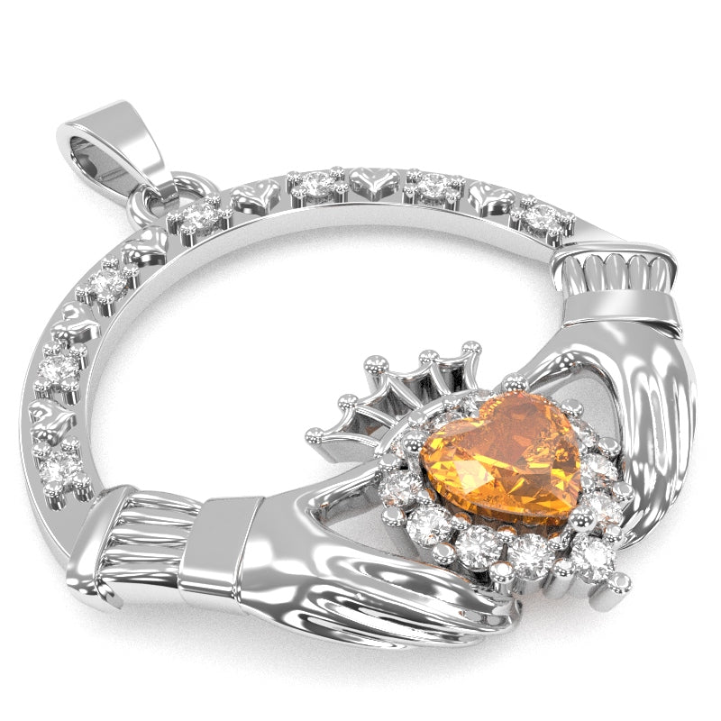 Citrine Diamond Claddagh  Pendant in 14k White Gold