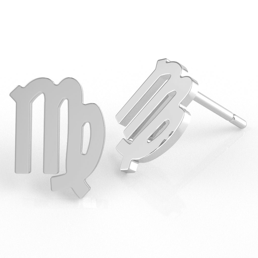 Virgo Zodiac Sign Stud Earrings In Solid 14K White Gold