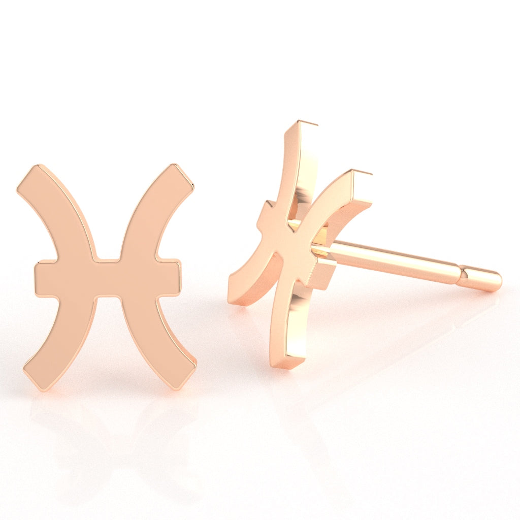 Pisces Zodiac Sign Stud Earrings In Solid 14K Rose Gold