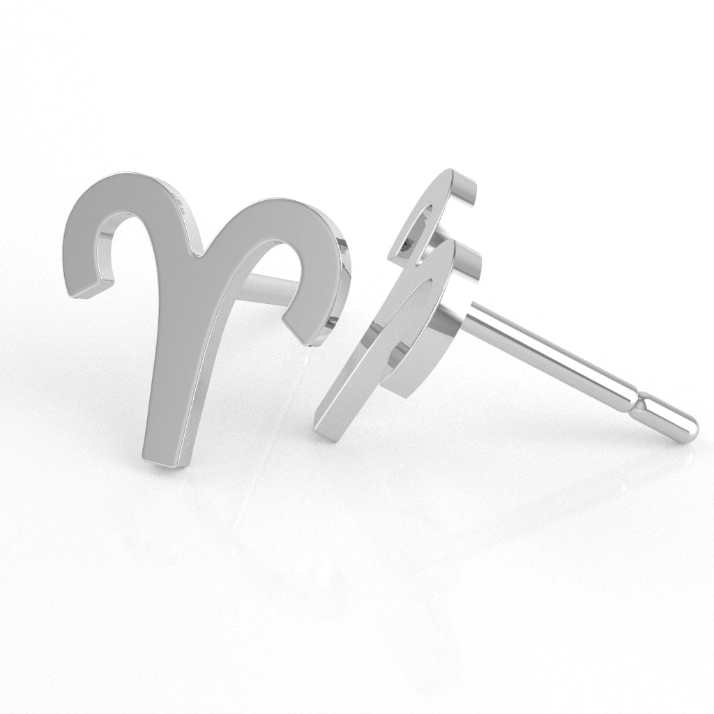 Aries Zodiac Sign Stud Earrings In Solid 14K White Gold