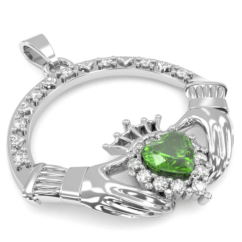 Peridot Diamond Claddagh  Pendant in 14k White Gold