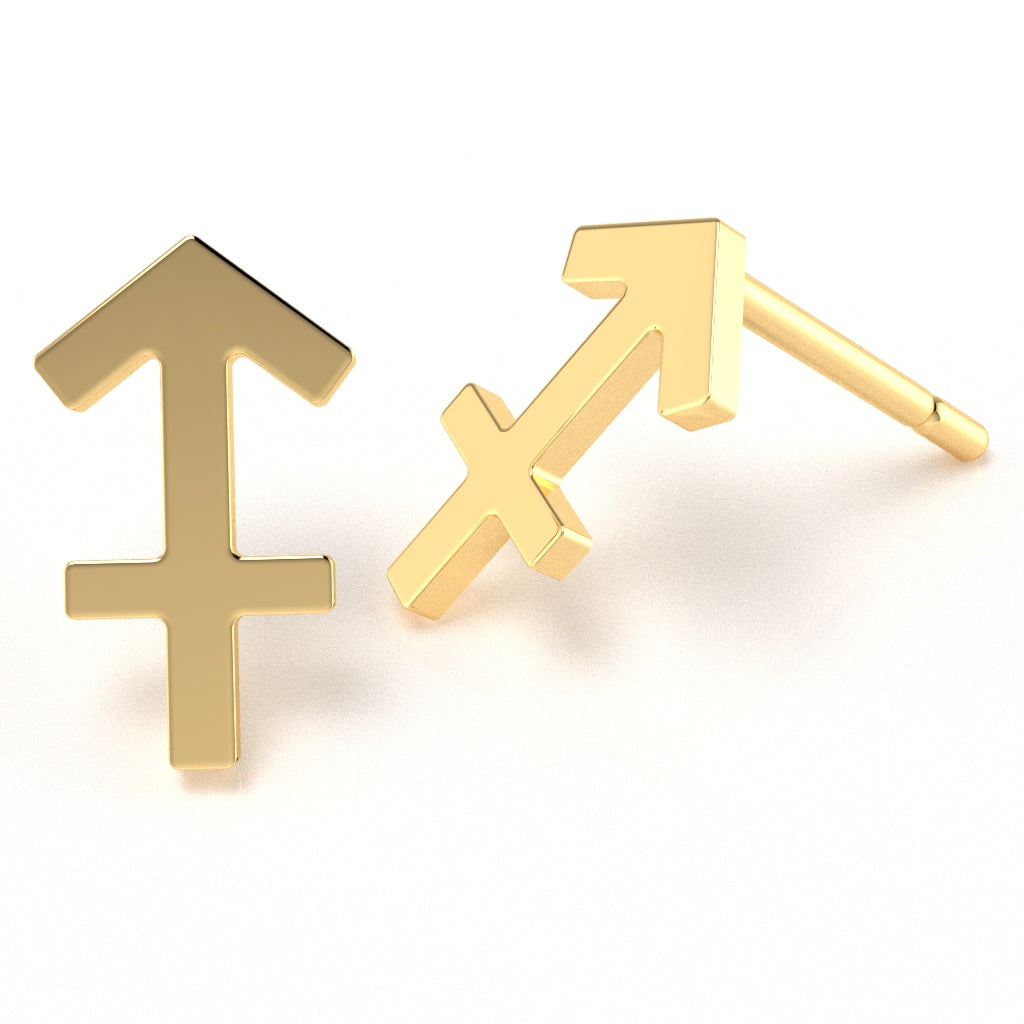 Sagittarius Zodiac Sign Stud Earrings In Solid 14K Yellow Gold