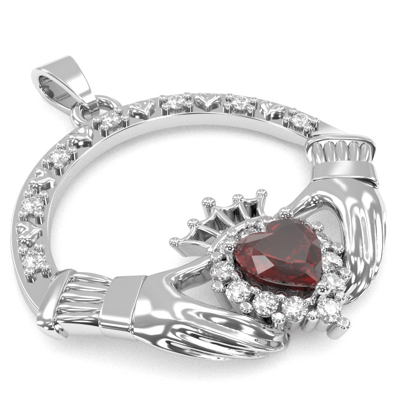 Lab-Created Ruby Diamond Claddagh  Pendant in 14k White Gold