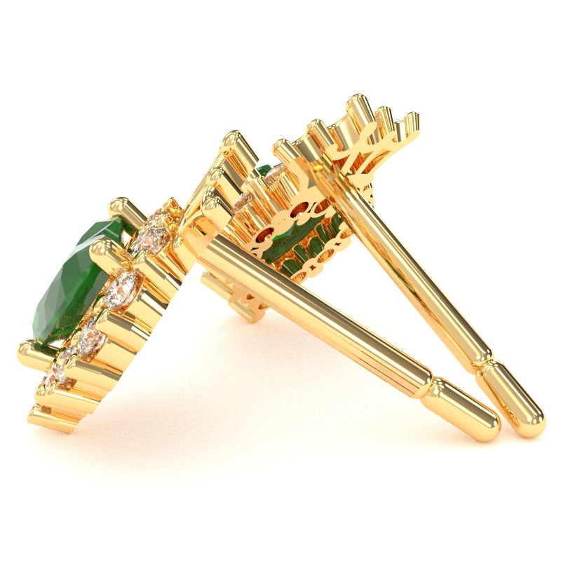 Emerald Diamond Claddagh Motive Stud Earrings in 14k Yellow Gold