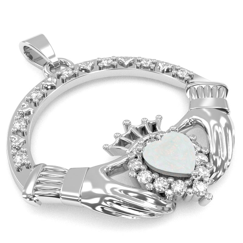 Opal Diamond Claddagh  Pendant in 14k White Gold