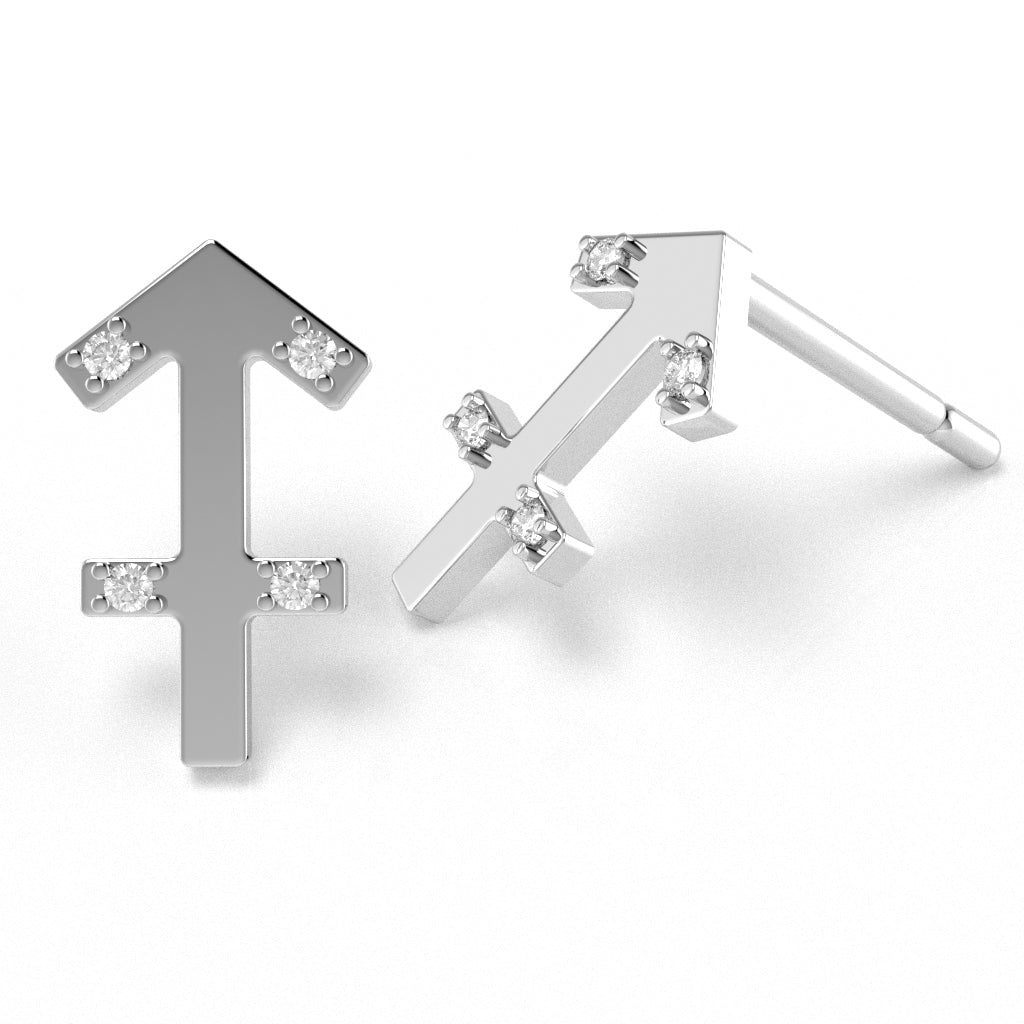 Sagittarius Zodiac Sign Diamond Stud Earrings In Solid 14k White Gold