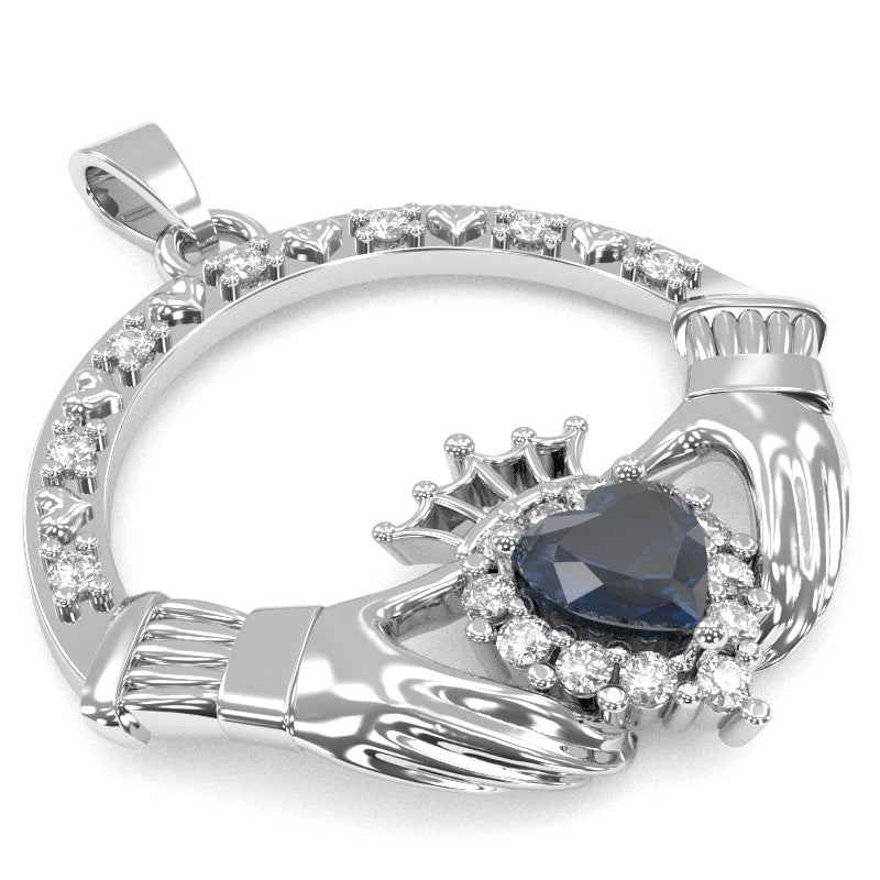 Lab-Created Sapphire Diamond Claddagh  Pendant in 14k White Gold