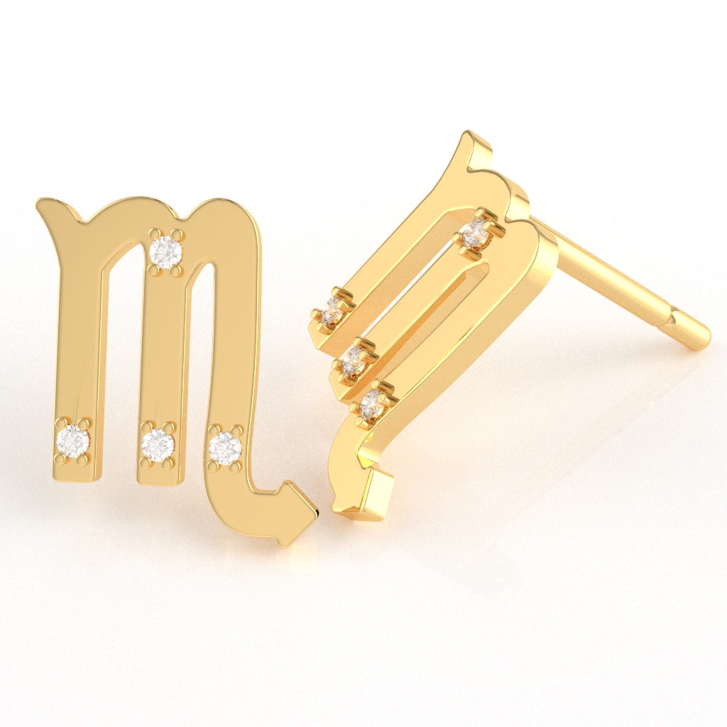 Scorpio Zodiac Sign Diamond Stud Earrings In Solid 10K Yellow Gold