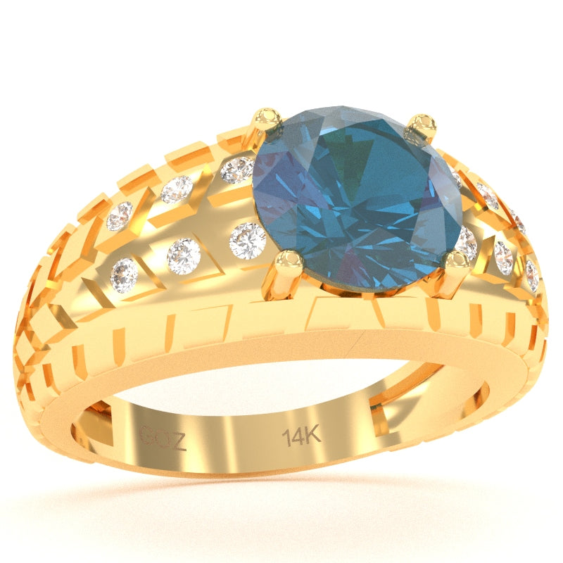 Men's Tire Tread Lab-Created Alexandrite Diamond Ring In Solid 14k Yellow Gold