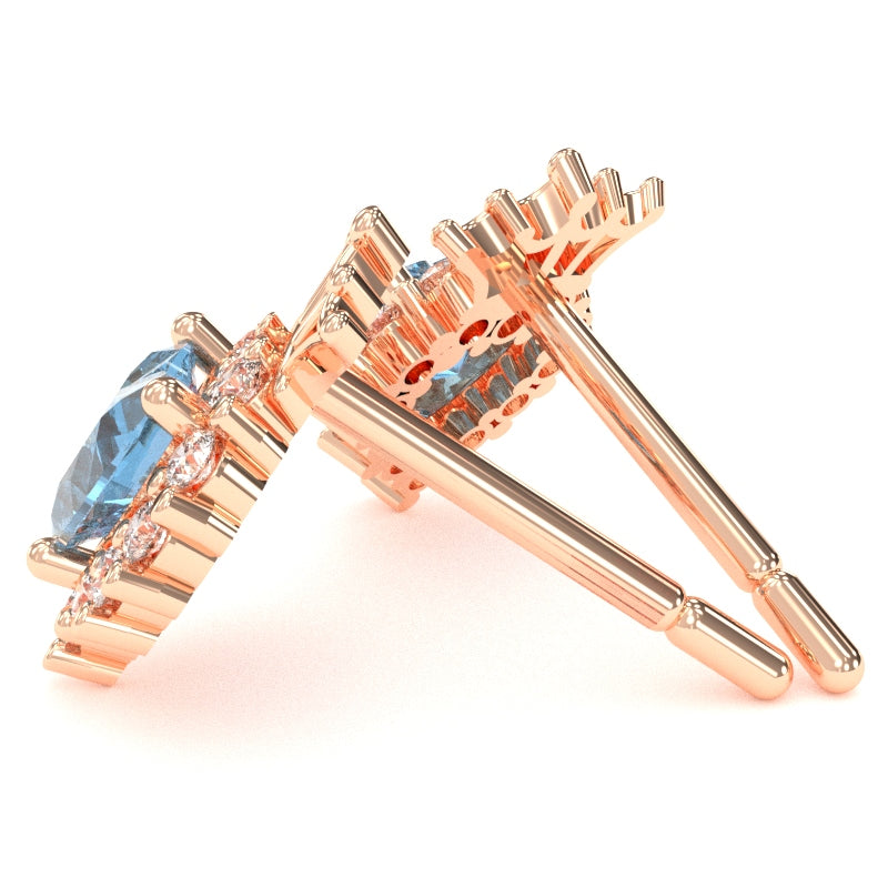 Blue Topaz Diamond Claddagh Motive Stud Earrings in 14k Rose Gold