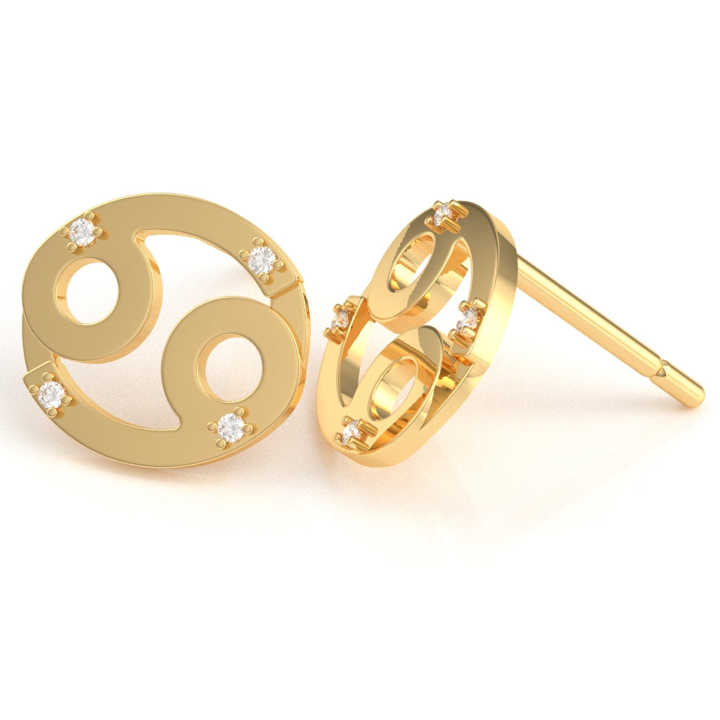 Cancer Zodiac Sign Diamond Stud Earrings In Solid 14k Yellow Gold