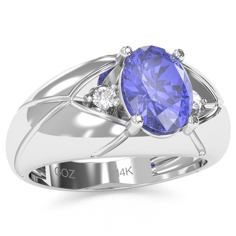 Men's Designer Tanzanite Diamond Ring In Solid 14k White Gold