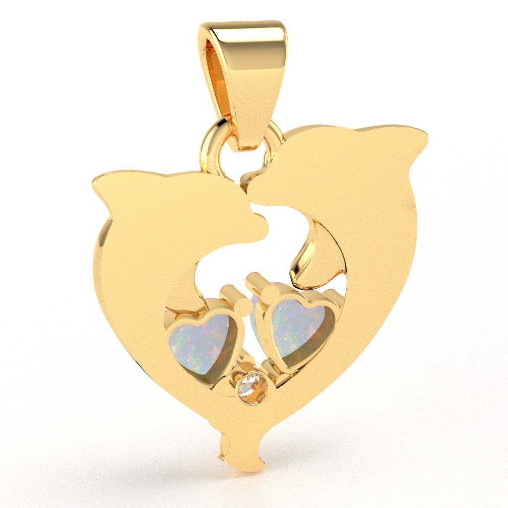 Opal Diamond Dolphin 2 Heart Birthstone  Pendant in 14k Yellow Gold