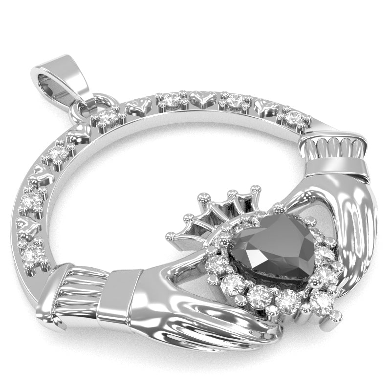 Black Onyx Diamond Claddagh  Pendant in 14k White Gold