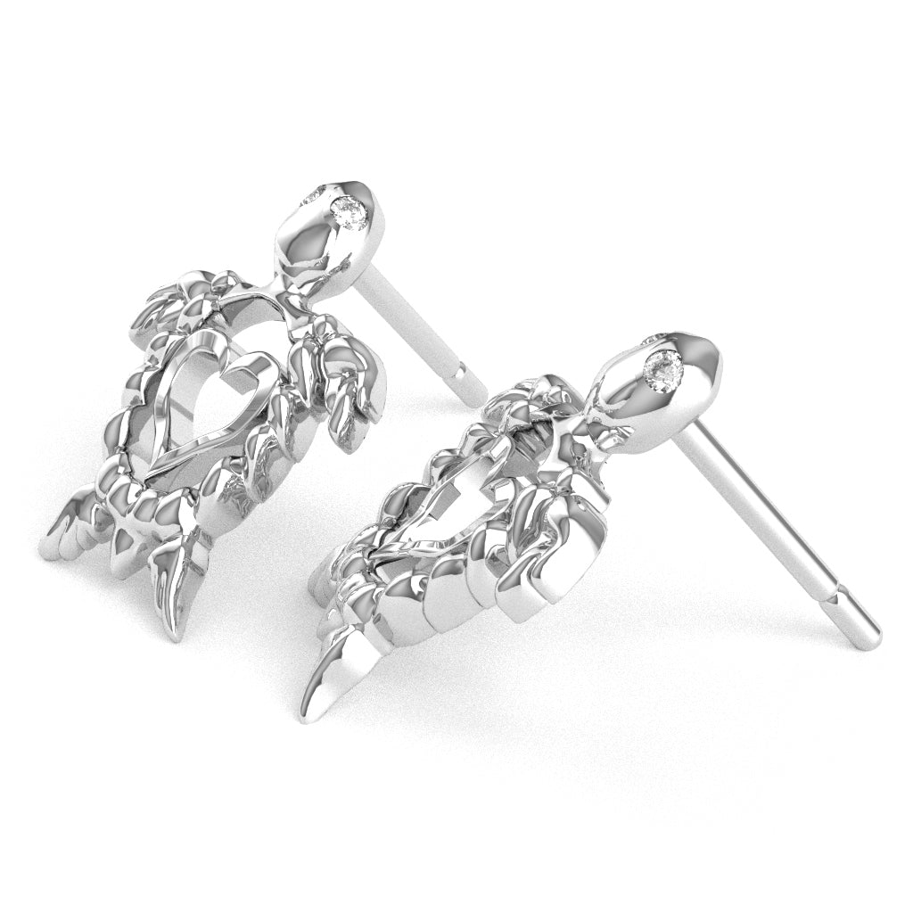 Diamond Baby Sea Turtle Stud Earrings in 14k White Gold