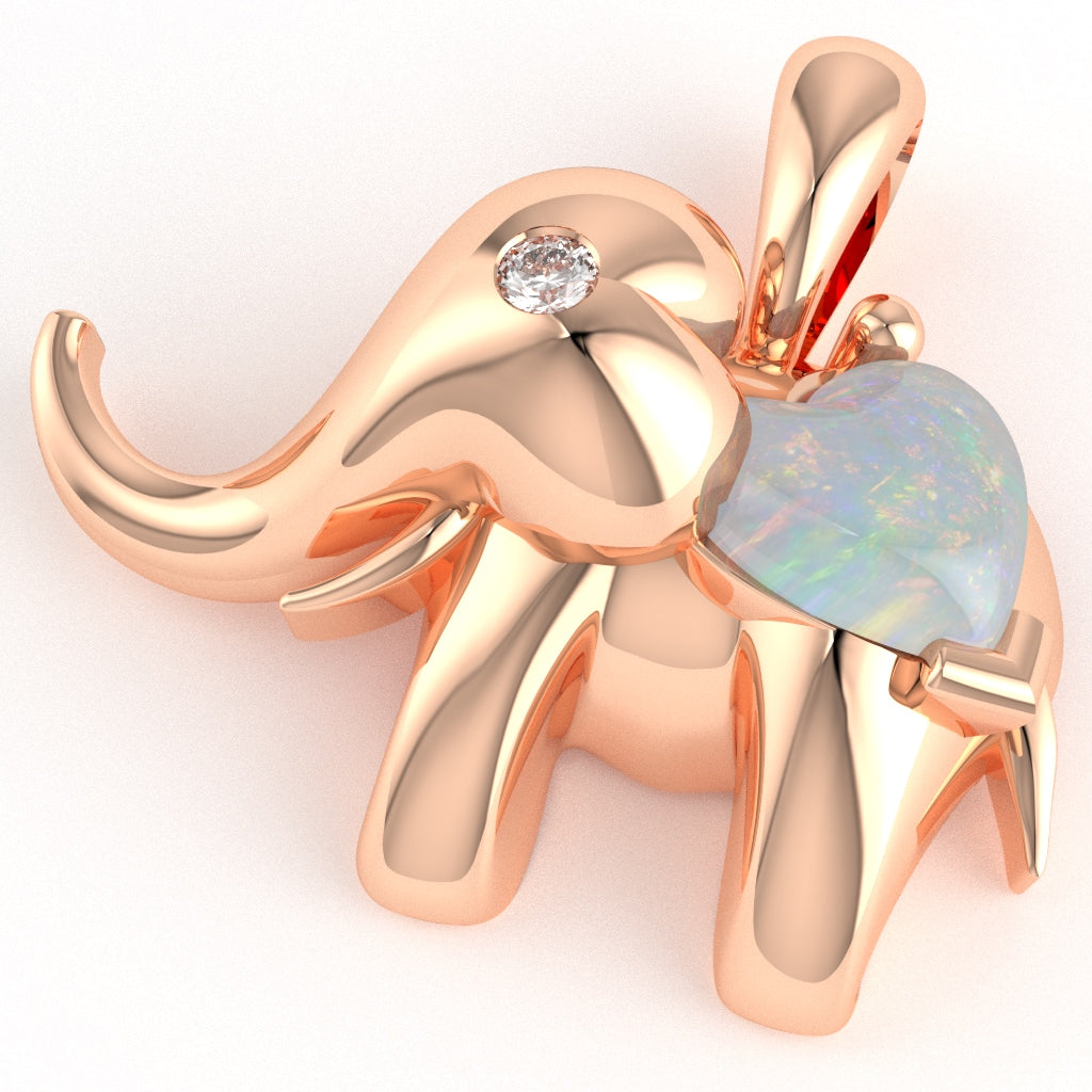 Opal Diamond Elephant Heart Birthstone Pendant In 14k Rose Gold