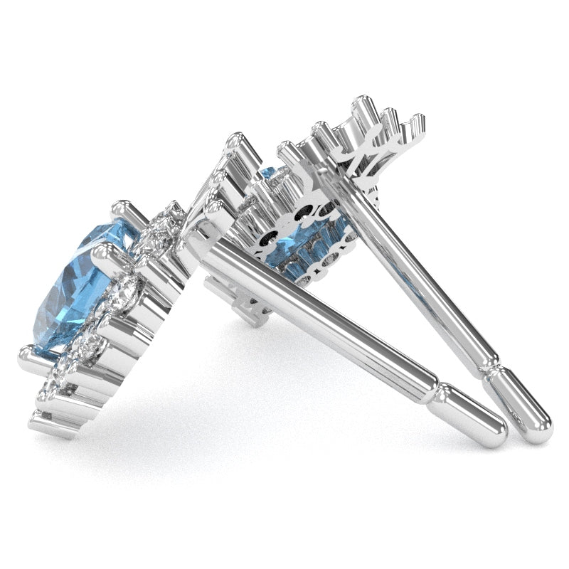 Blue Topaz Diamond Claddagh Motive Stud Earrings in 14k White Gold