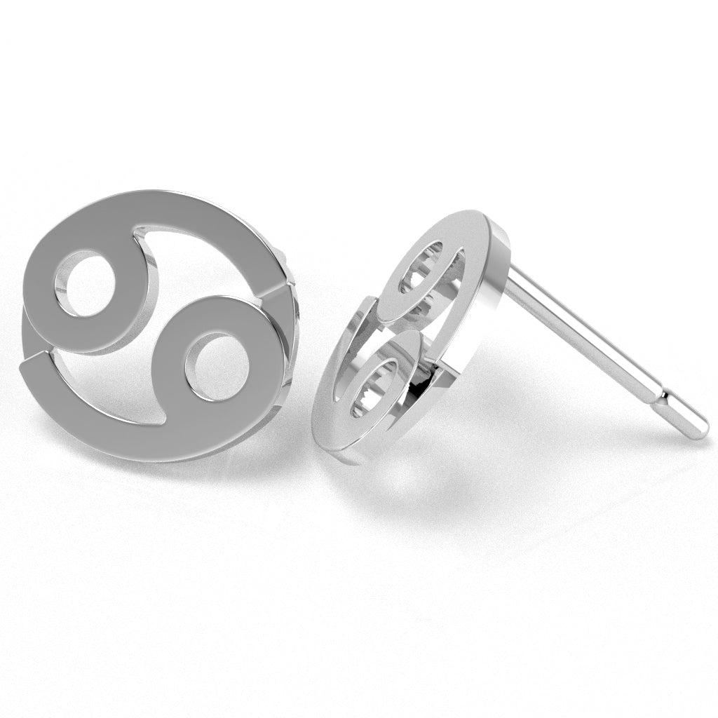 Cancer Zodiac Sign Stud Earrings In Solid 14K White Gold