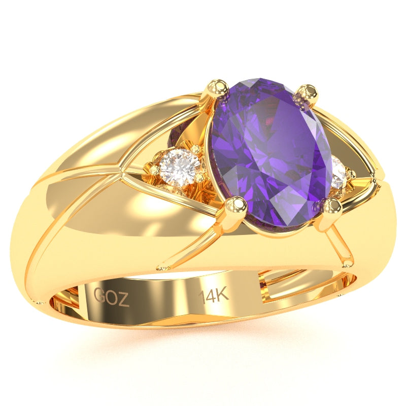 Men's Designer Amethyst Diamond Ring In Solid 14k Yellow Gold