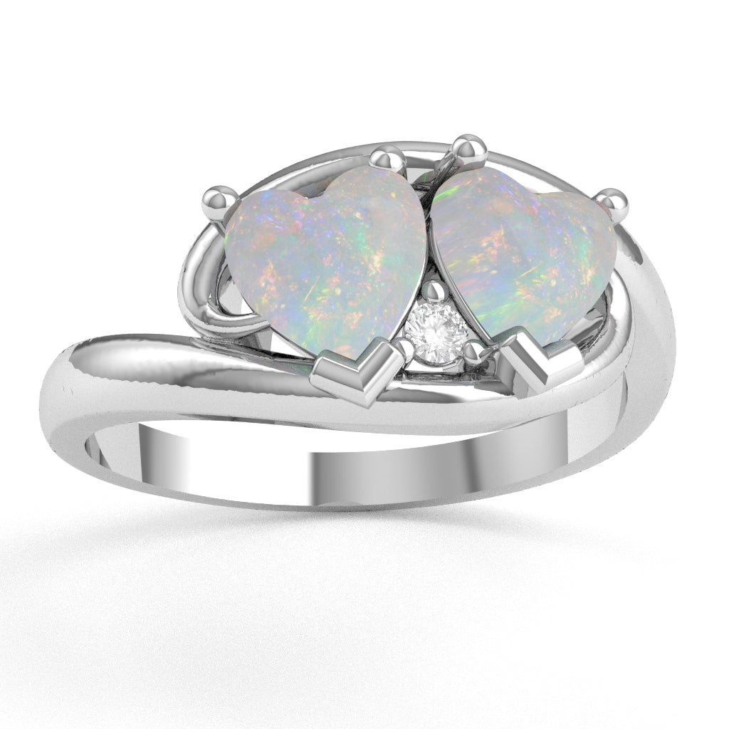 2 Hearts In Love Opal Diamond Promise Ring In 14k White Gold