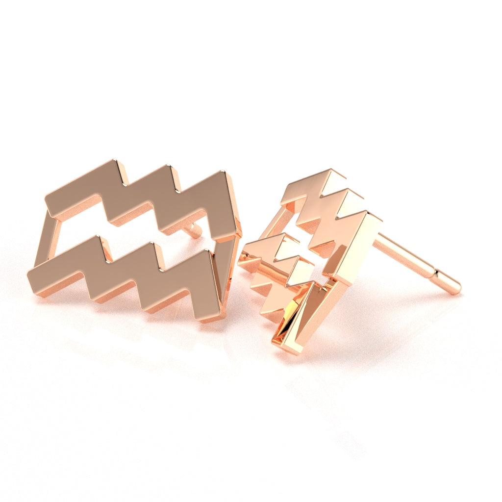 Aquarius Zodiac Sign Stud Earrings In Solid 10K Rose Gold
