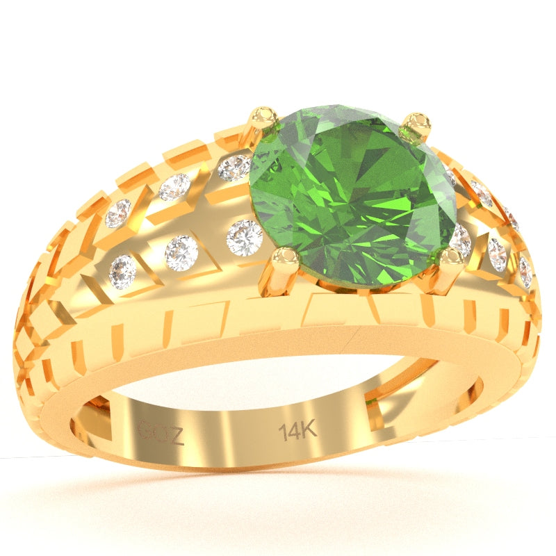 Men's Tire Tread Peridot Diamond Ring In Solid 14k Yellow Gold