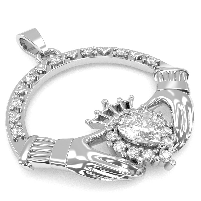 White Topaz Diamond Claddagh  Pendant in 14k White Gold