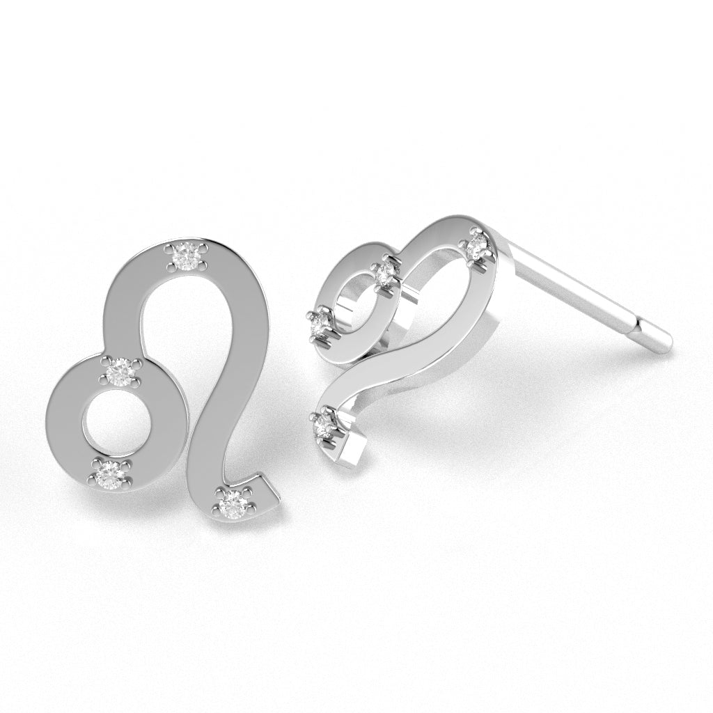 Leo Zodiac Sign Diamond Stud Earrings In Solid 14k White Gold