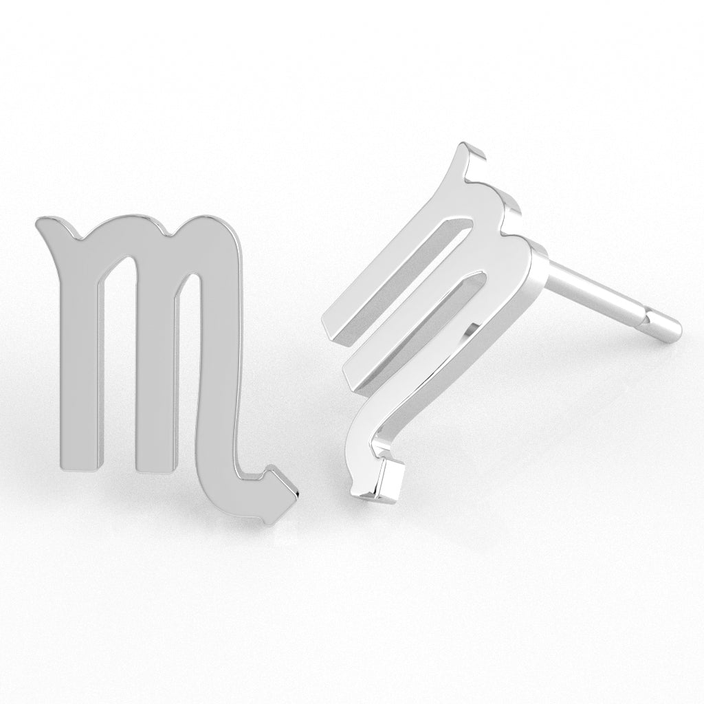 Scorpio Zodiac Sign Stud Earrings In Solid 10K White Gold