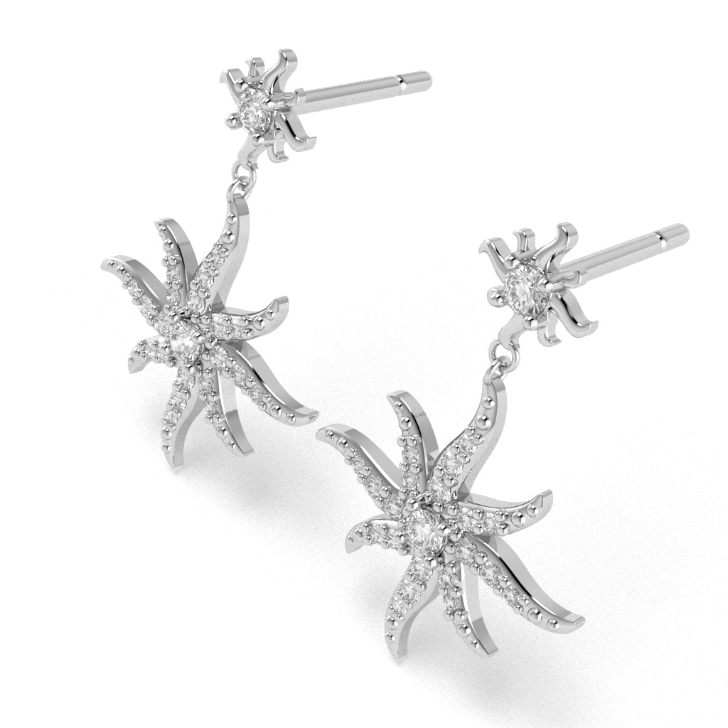 Starburst Sun Diamond Encrusted Earrings in 10k White Gold